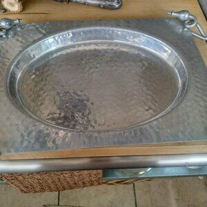 Antique platter, hand hammered/forged, aluminum, deep well, detailed handles.